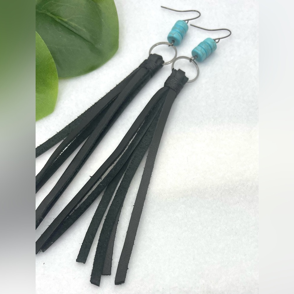 Bohemian Chic Turquoise Beaded earrings and leather Fringe long Earrings